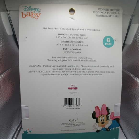 DISNEY BABY Minnie Mouse Hooded Towel with 5 Piece Washcloth Set - Picture 5 of 7